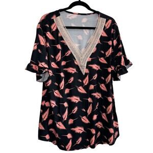 NWOT Women's Short Sleeve Loose Comfy Blouse Lace Collar Sort Sleeve Top 3XL